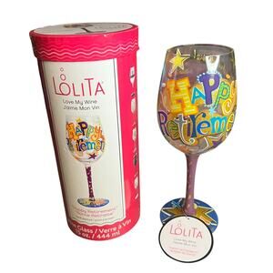 Lolita Love My Wine “Happy Retirement” Hand Painted 15 oz Glass New in Box